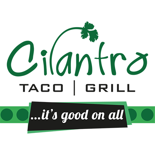 Logo for Cilantro Taco Grill featuring green text with a cilantro leaf and the tagline ...its good on all on a green dotted background.
