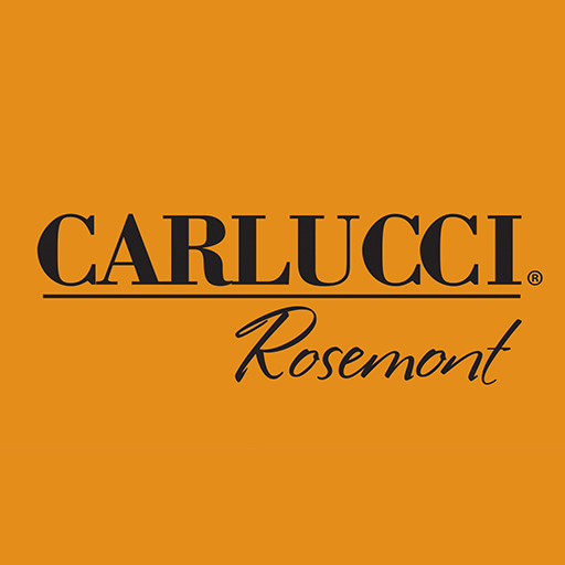 Logo with the word CARLUCCI in bold black uppercase letters and Rosemont in black script font below, on an orange background.