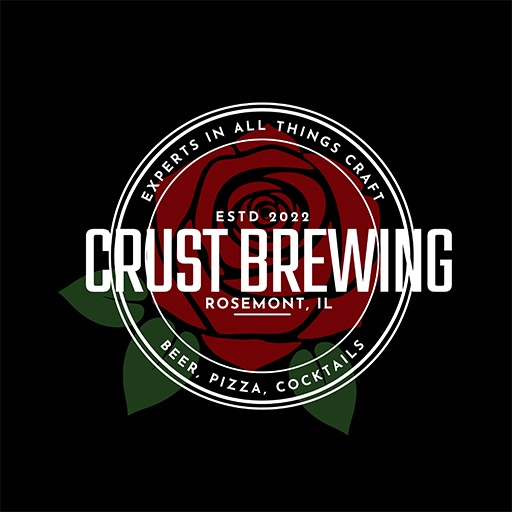 Circular Crust Brewing logo with a red rose, green leaves, and white text stating Experts in All Things Craft, Beer, Pizza, Cocktails, Rosemont, IL, Estd. 2022.
