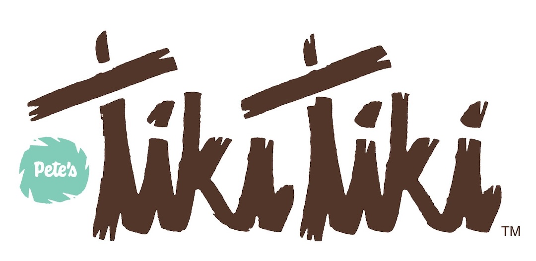 Logo for Petes Tiki Tiki with stylized brown text and a light green brushstroke background behind the word Petes.