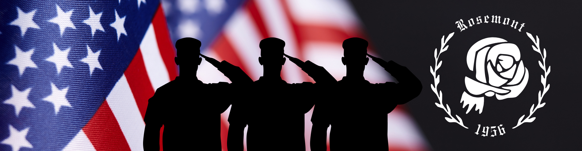 Three silhouetted soldiers salute in front of a U.S. flag, with the Rosemont 1956 emblem displayed on the right side of the image.