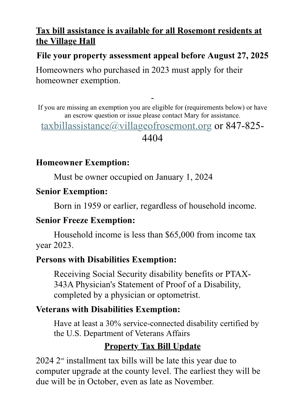 A printed notice details property tax bill assistance, exemptions, and deadlines for Rosemont residents, with contact information and key tax dates highlighted.