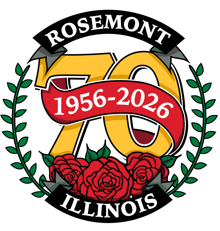Logo featuring ROSEMONT ILLINOIS with a large yellow 70, a red banner reading 1956-2026, red roses, and green laurel branches marking a 70th anniversary.