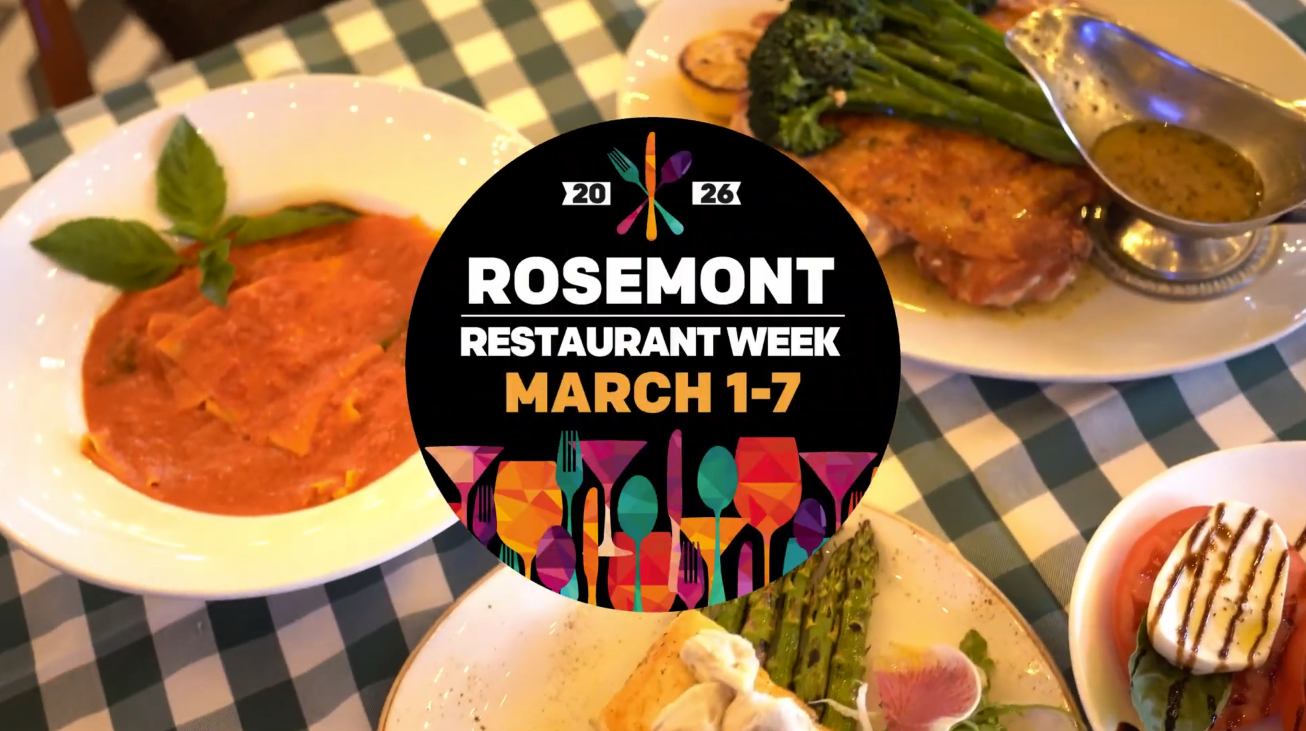 A circular sign for Rosemont Restaurant Week, March 1-7, 2026, is centered over plates of food on a blue and white checkered tablecloth.