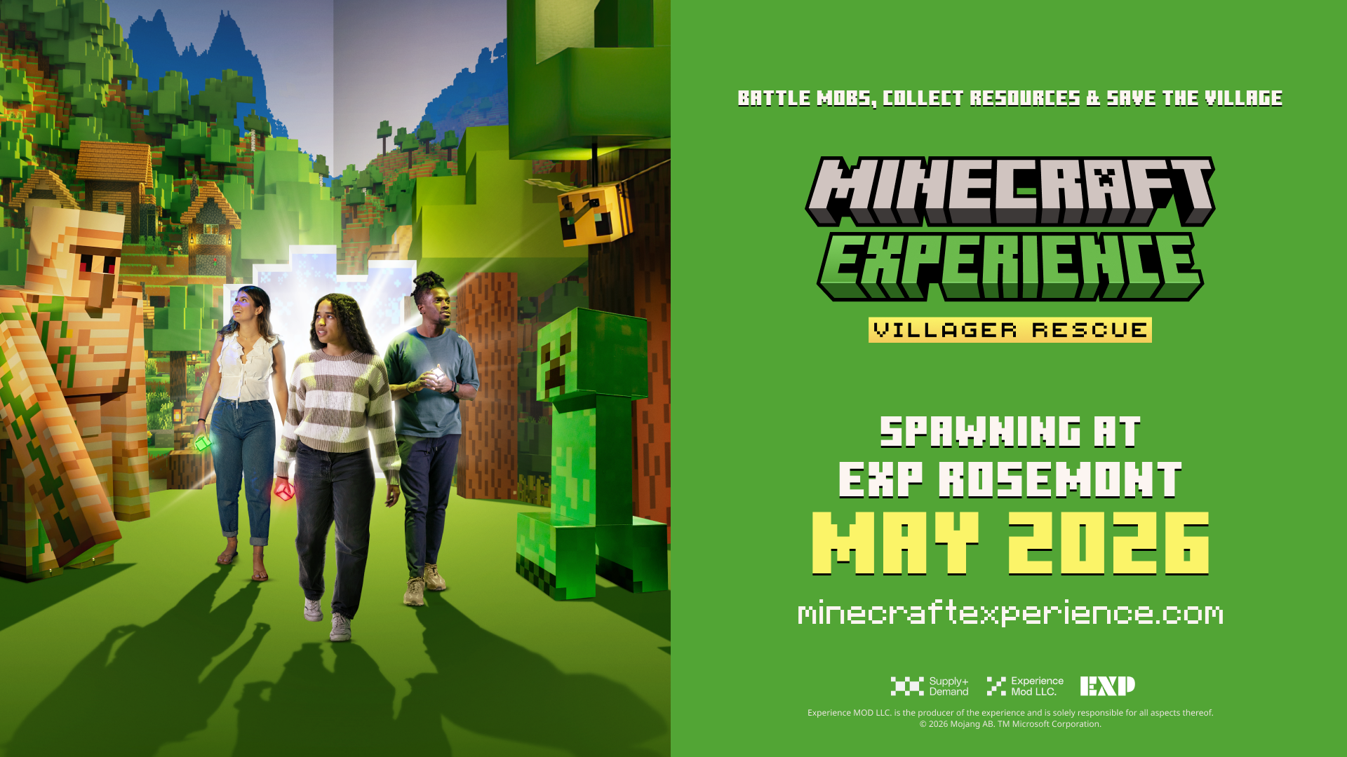 Three people walk through a Minecraft-themed environment with pixelated characters and creatures; text promotes the Minecraft Experience event in May 2026 at EXP Rosemont.