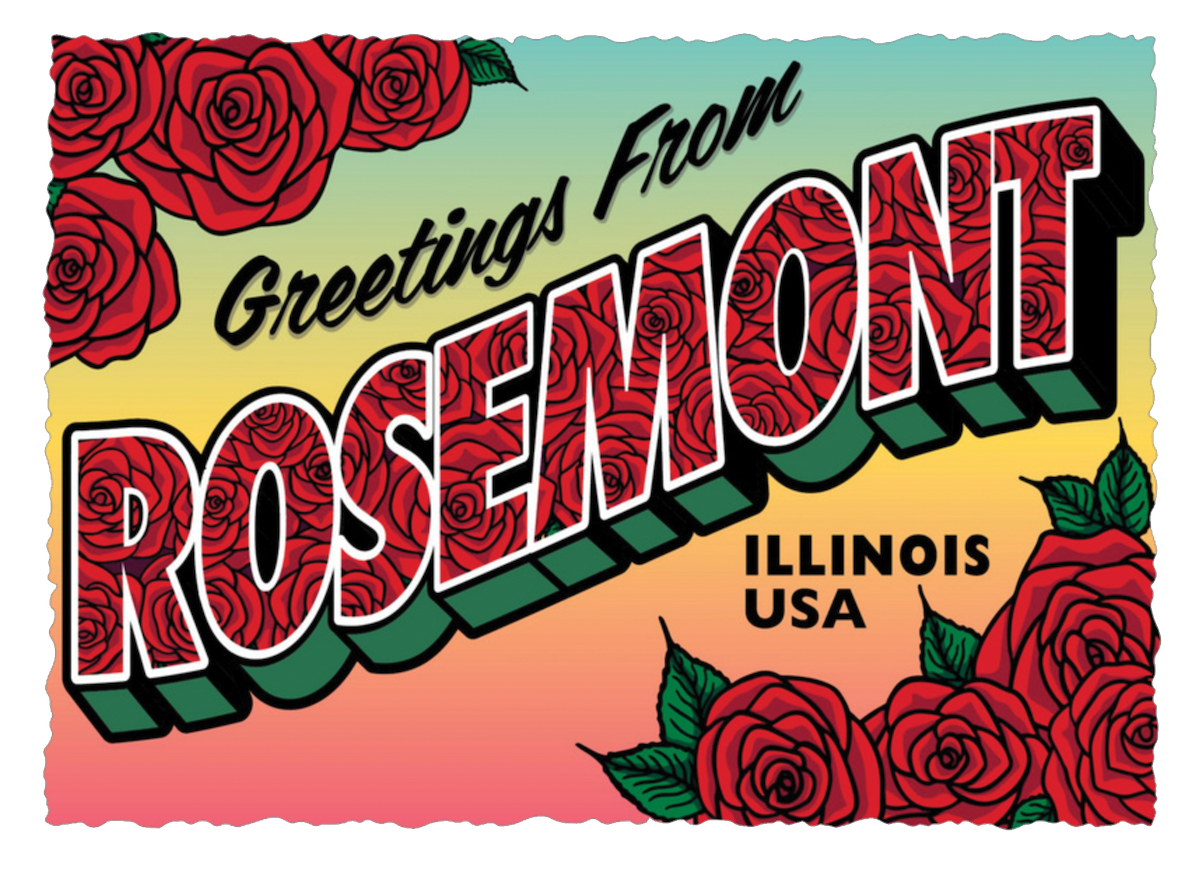 Postcard-style image with Greetings from Rosemont in bold letters, surrounded by red roses, and Illinois USA written below on a gradient background.
