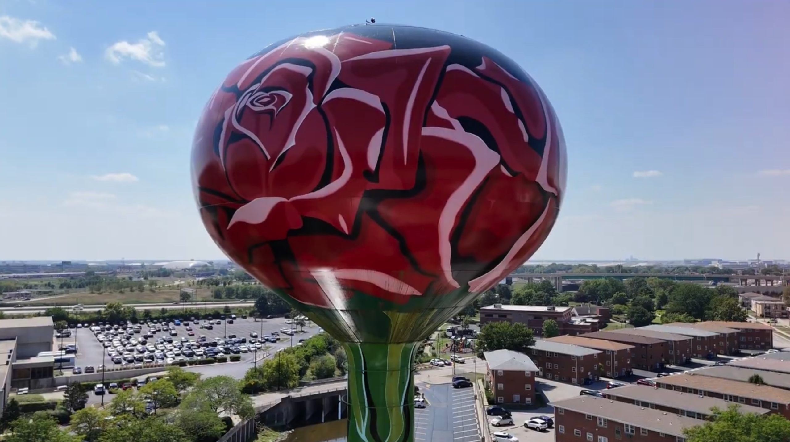 A water tower painted to resemble a red rose stands above a suburban neighborhood and parking lots under a clear sky.