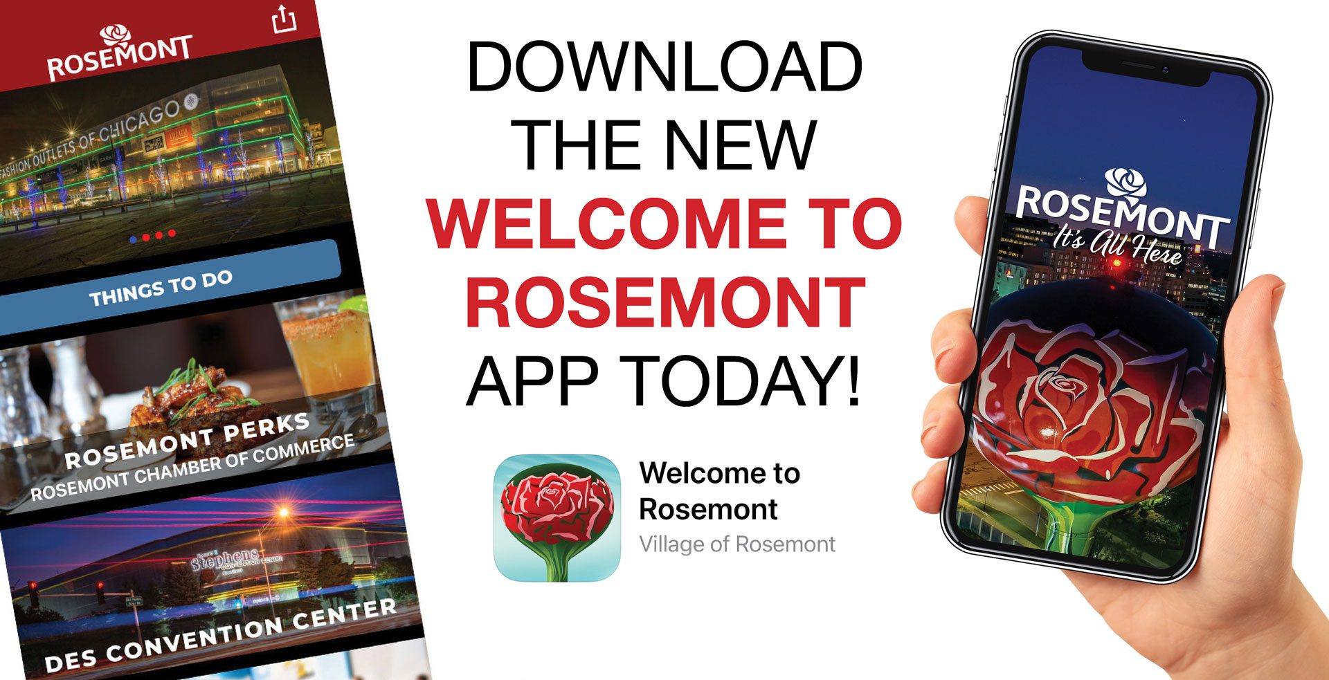Promotional image for the Welcome to Rosemont app, showing the app interface on a phone and listing features like things to do and local perks.