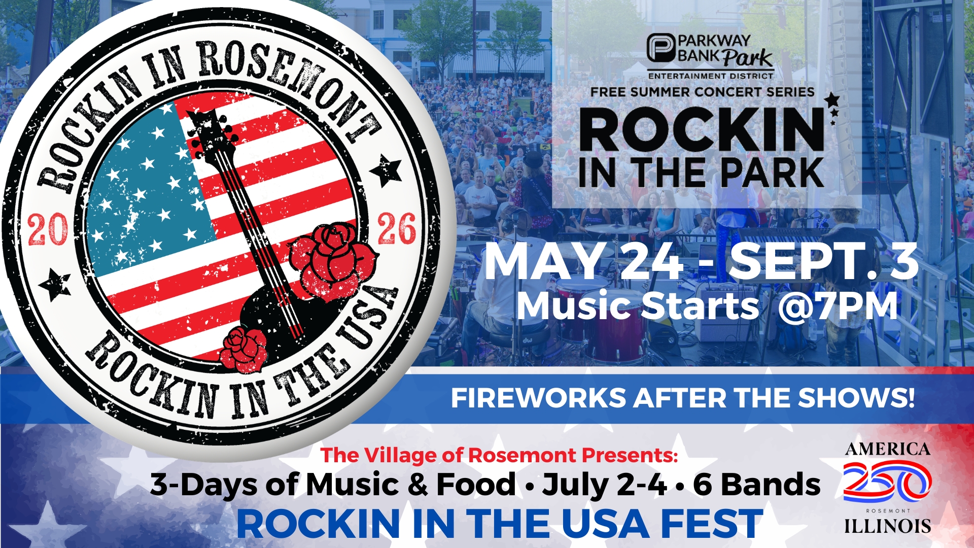 Promotional poster for Rockin in the USA Fest in Rosemont, Illinois, detailing concert dates, time, fireworks, and location at Parkway Bank Park.