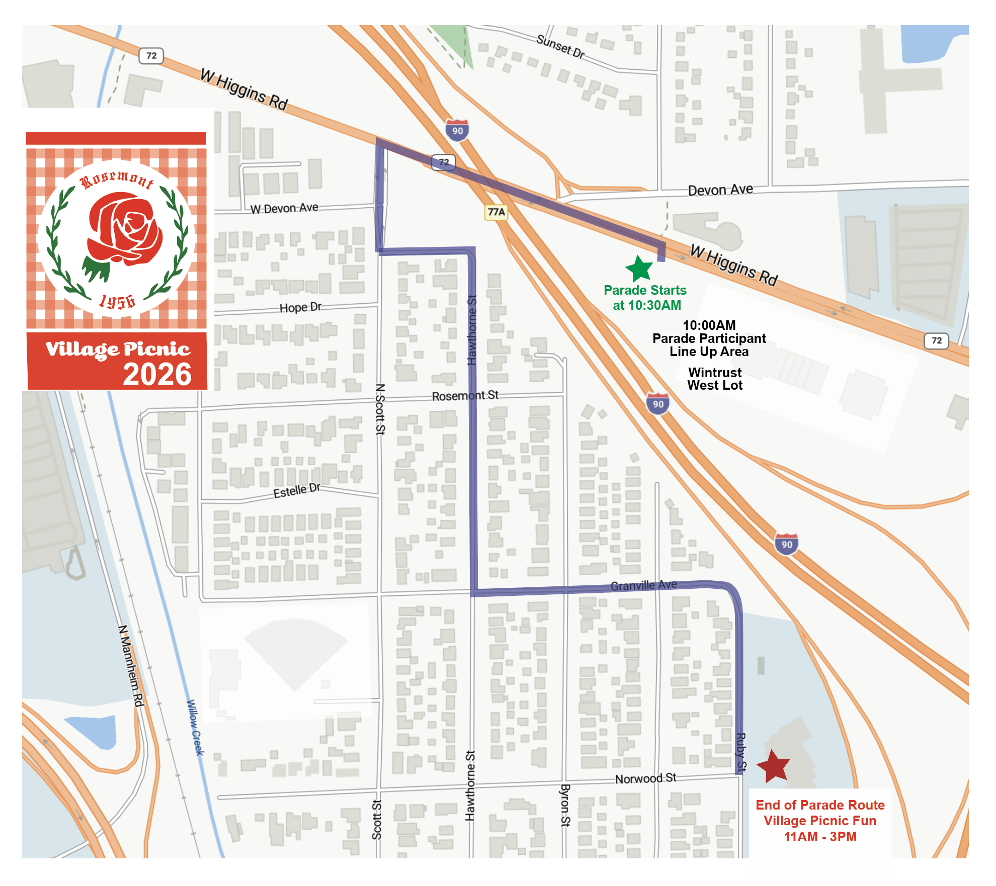 Parade route map for Rosemont Village Picnic 2026, showing start and end points, streets, and event locations with times.