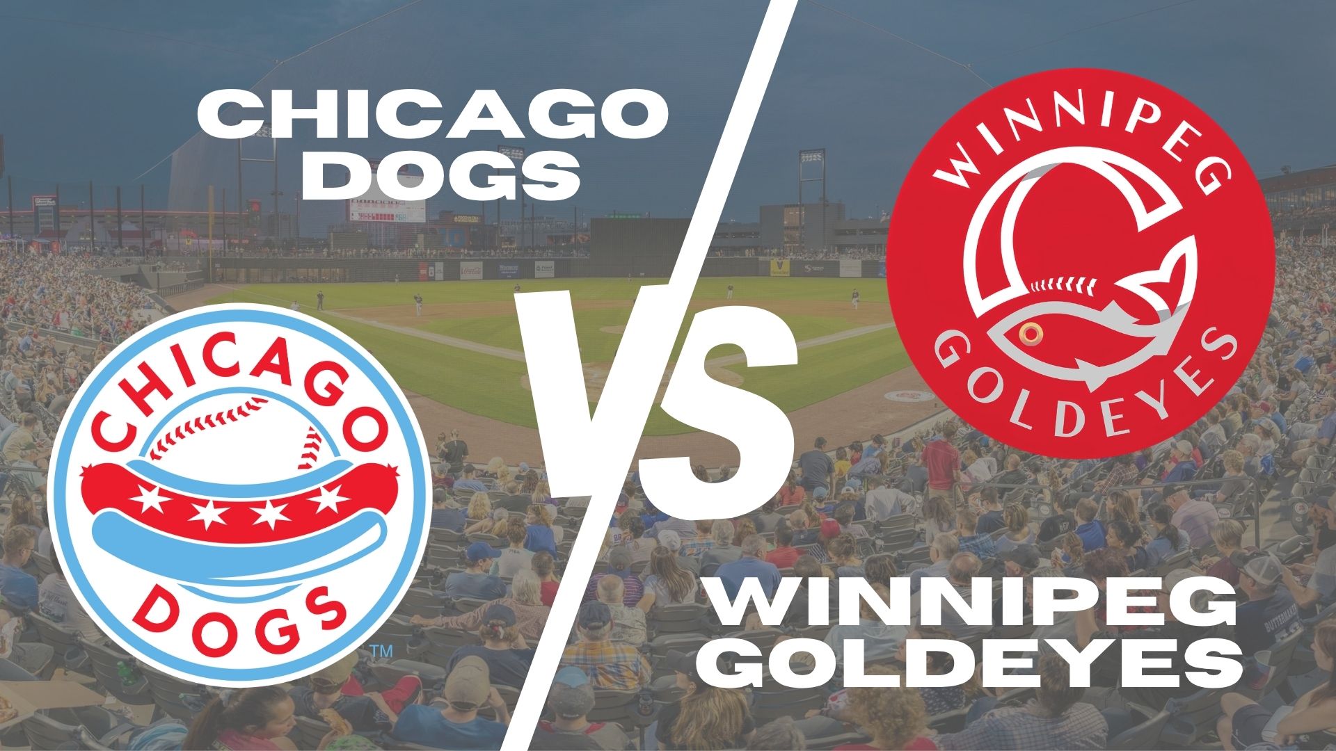 Chicago Dogs vs Winnipeg Goldeyes graphic, featuring team logos and a baseball stadium background filled with spectators.