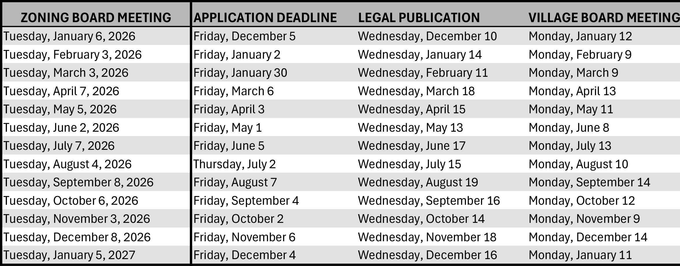 A table listing dates for zoning board meetings, application deadlines, legal publications, and village board meetings from 2026 to early 2027.
