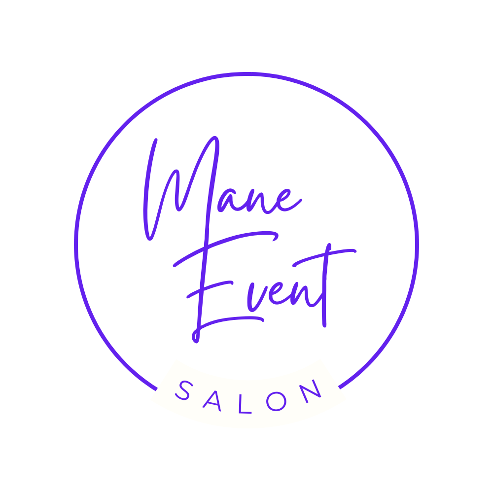 A circular logo with the words Mane Event in script font and SALON in uppercase letters at the bottom, all in purple on a white background.
