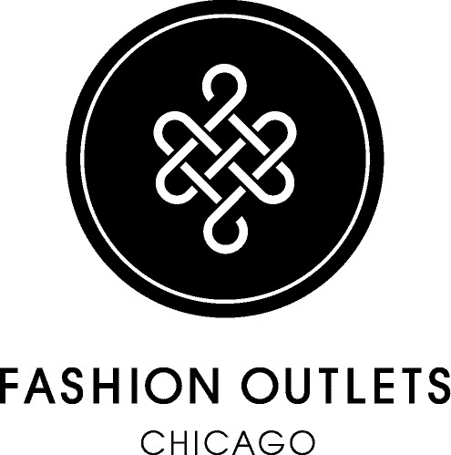 Black and white logo for Fashion Outlets Chicago featuring an abstract knot design inside a circle, with the words FASHION OUTLETS and CHICAGO below.