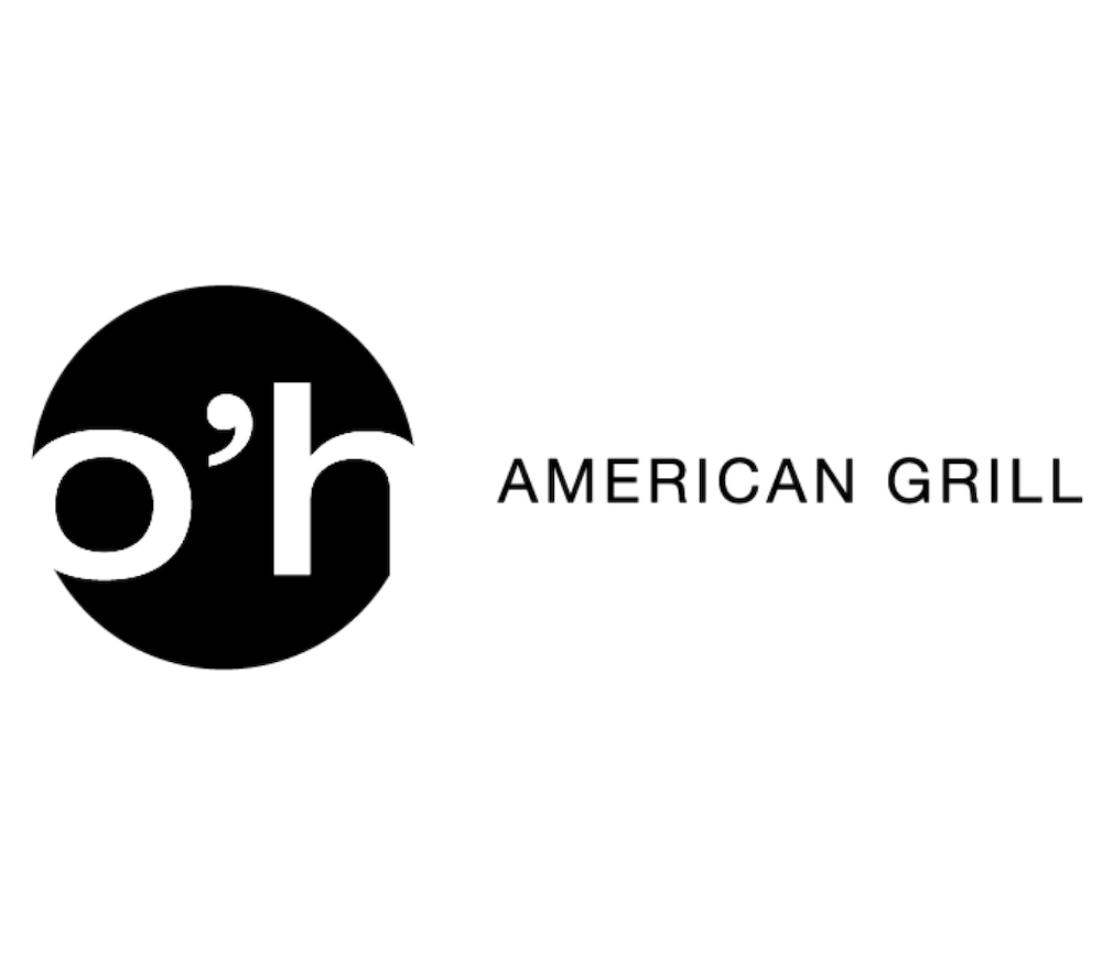 Logo for oh American Grill with oh in lowercase white letters inside a black circle, and AMERICAN GRILL in uppercase black text to the right on a white background.