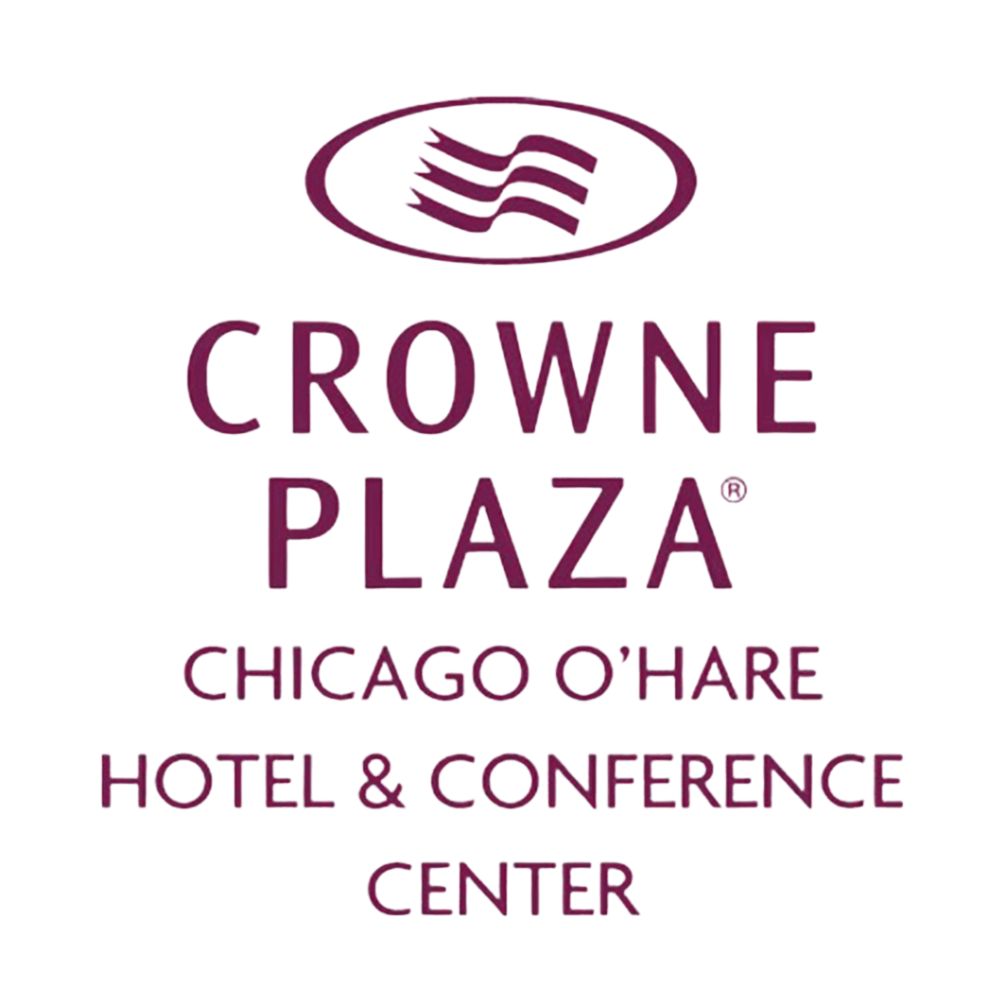 Logo for Crowne Plaza Chicago O’Hare Hotel & Conference Center featuring stylized wave design above the hotel name in purple text on a white background.
