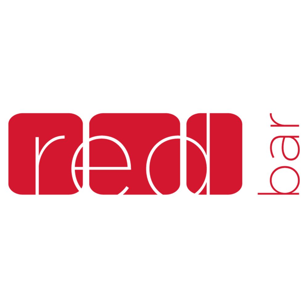 The image displays the words red bar in a modern font, with red in white letters inside red rounded rectangles and bar in red text oriented vertically on the right.