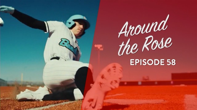Baseball player sliding into base on a field, with Around the Rose Episode 58 written in white and red text over a red overlay.