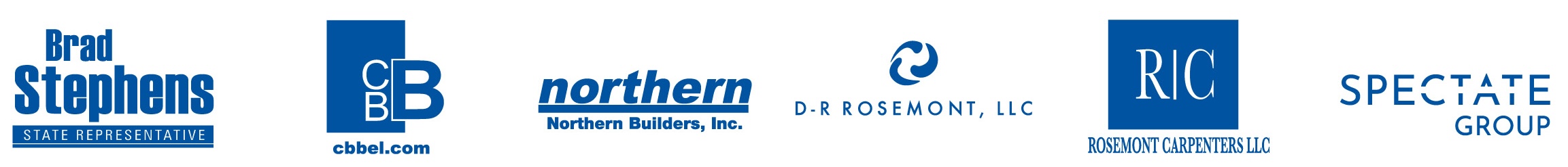 Six blue company logos displayed horizontally, including Brad Stephens, CBBEL, Northern Builders, D.R. Rosemont, RIC, and Spectate Group, each with distinct text and graphic designs.