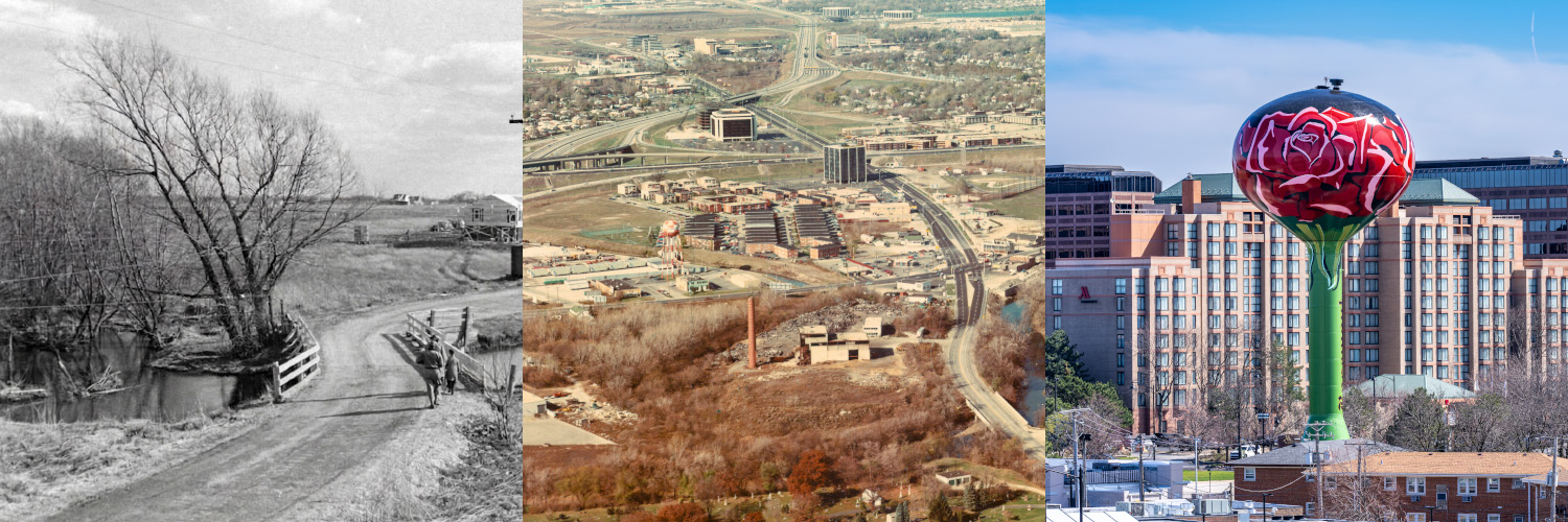 Three-panel image showing: a rural dirt road with trees, an aerial view of urban highway construction, and a modern cityscape with a water tower painted with a red rose.