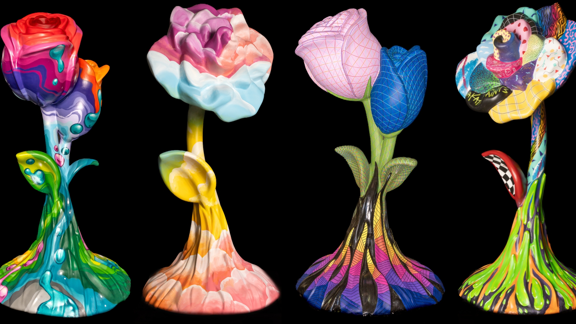 Four stylized, colorful rose sculptures stand in a row against a black background, each featuring unique abstract patterns and textures on their petals, stems, and bases.