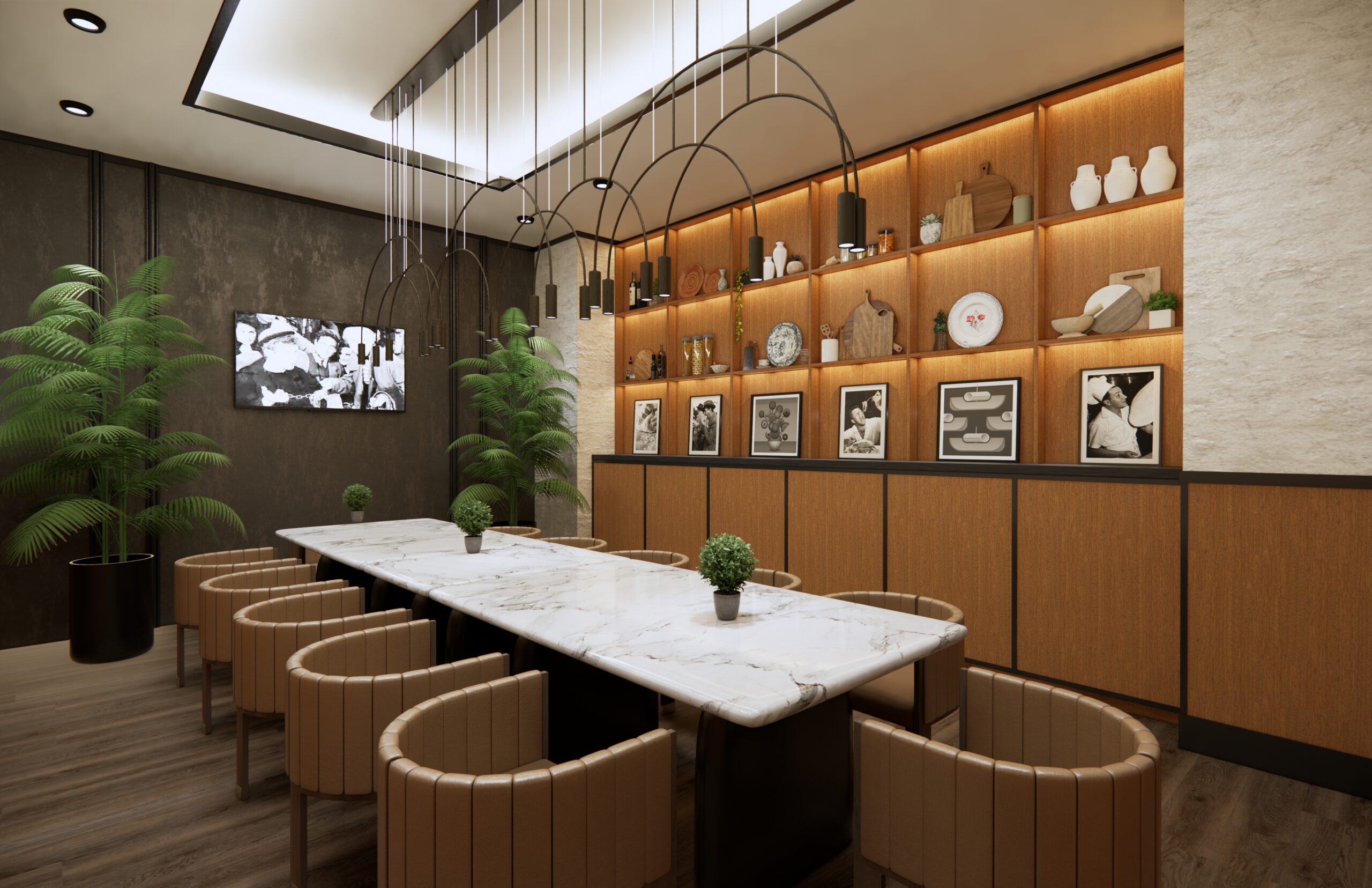 A long rectangular table with a marble top and upholstered chairs in a room with a large wooden wall unit displaying decorative items and framed photographs.