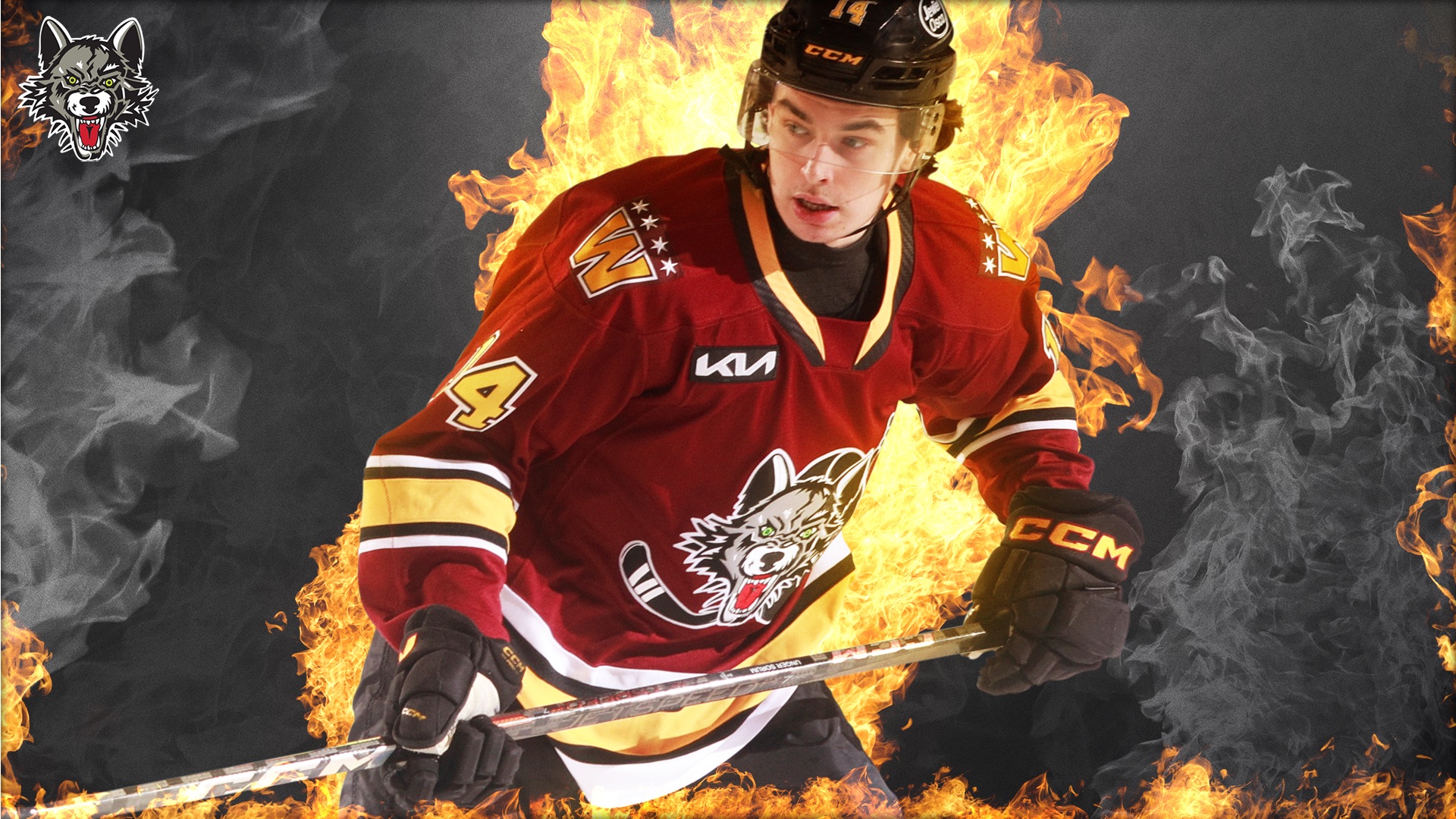 A hockey player in a maroon jersey with a wolf logo skates forward, surrounded by dramatic flames in the background. The player wears a helmet and gloves, with the number 14 on his gear.