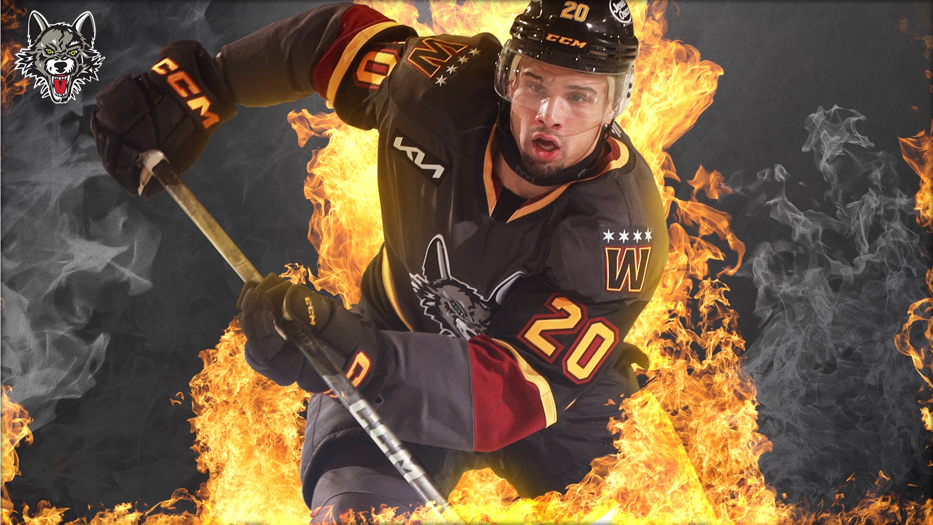 A hockey player wearing a dark jersey with the number 20 skates intensely, surrounded by flames. The Chicago Wolves logo is visible in the top left corner.