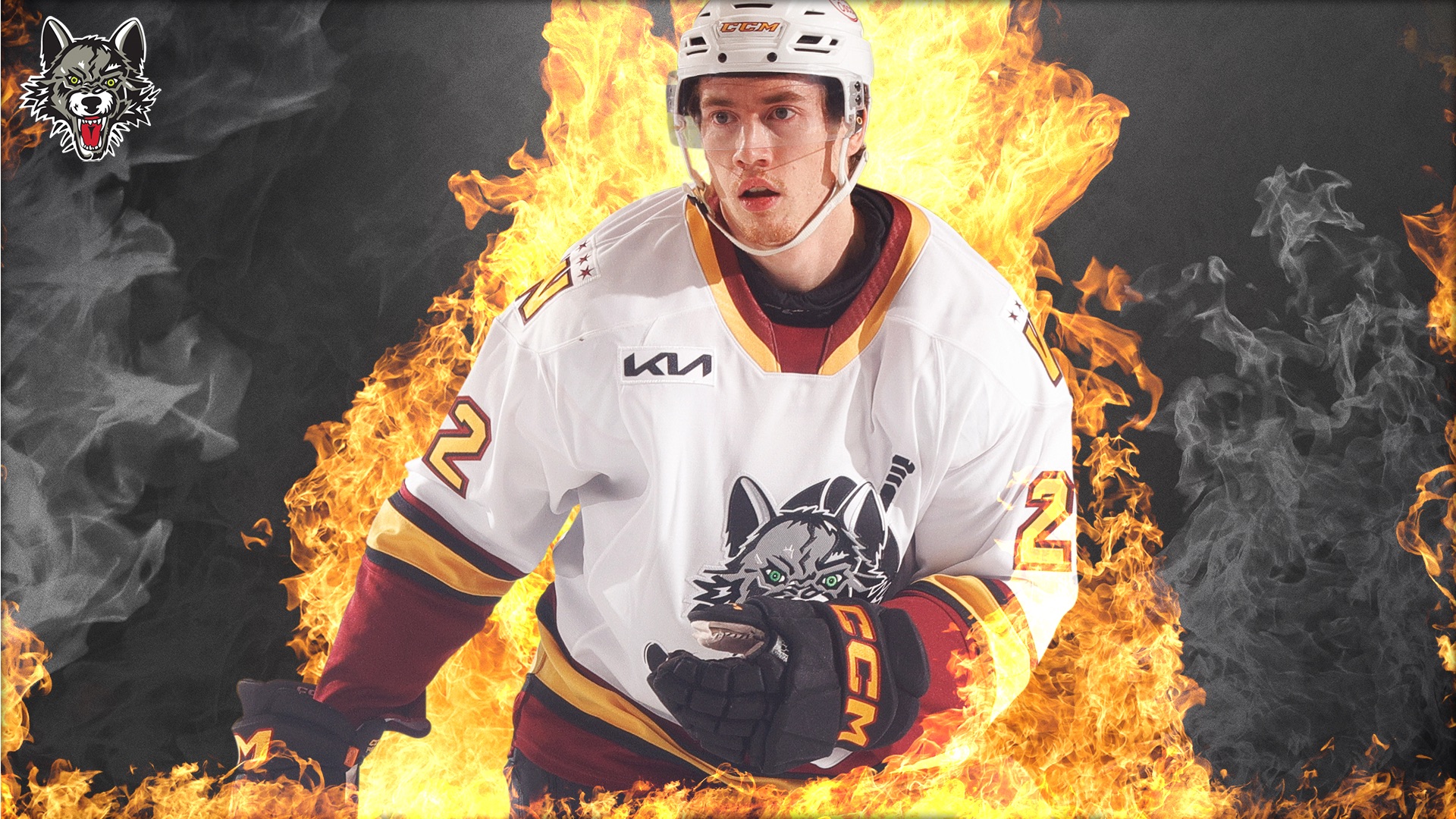 A hockey player wearing a white Chicago Wolves jersey skates forward, surrounded by intense flames with a wolf logo in the top left corner.