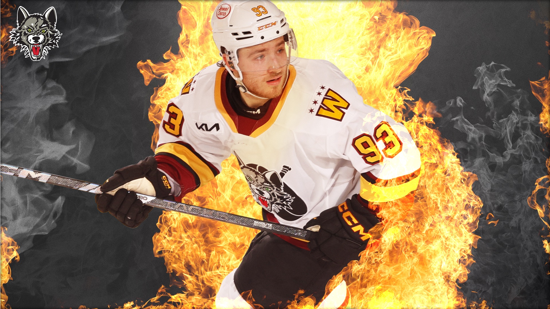 A hockey player in a white, maroon, and gold jersey with the number 93 skates intensely, surrounded by dramatic flames. The Chicago Wolves logo appears on both his jersey and in the top left corner.