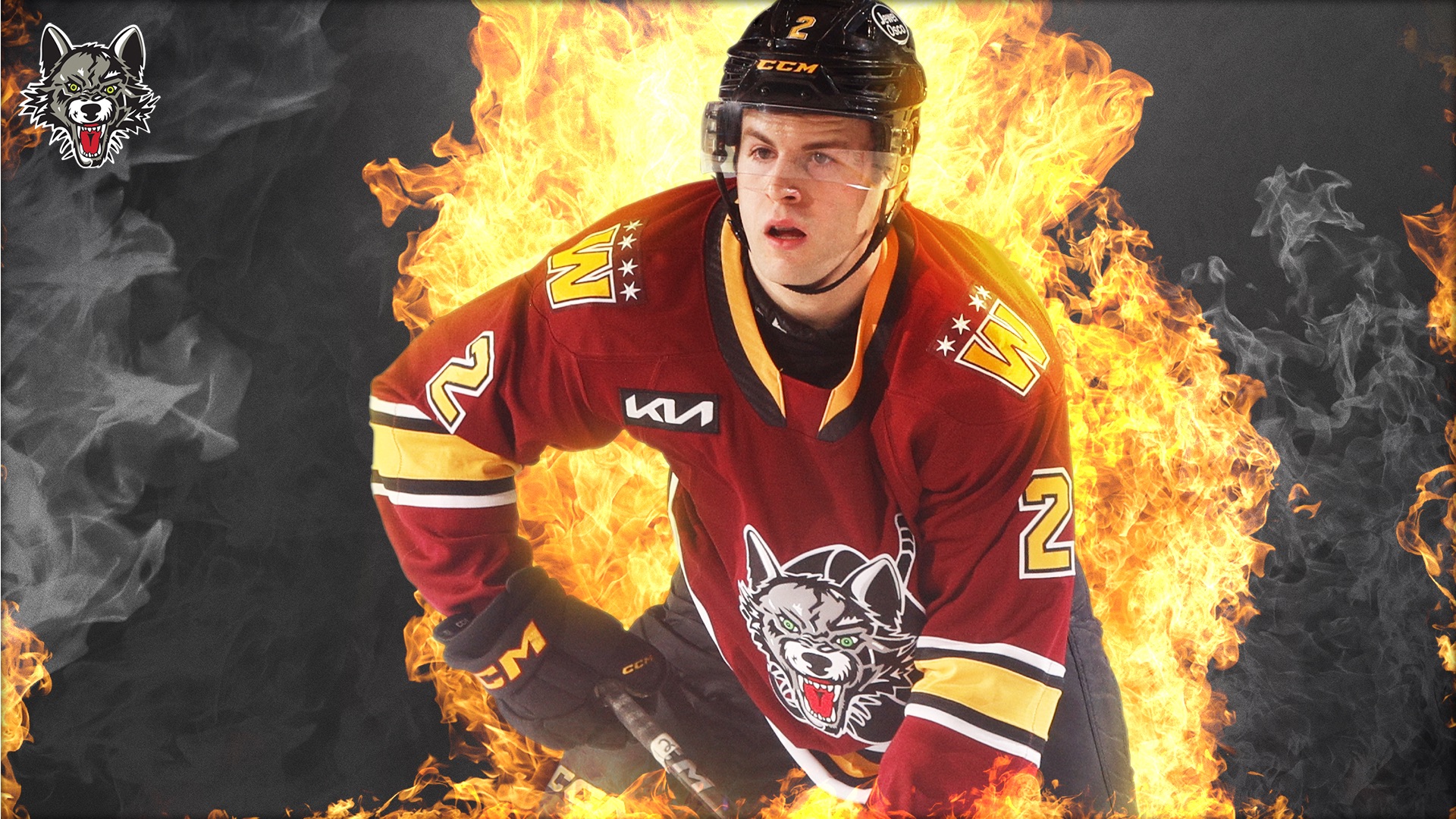 A hockey player in a maroon and gold jersey with a wolf logo is skating, surrounded by intense flames in the background. The player wears a helmet and holds a hockey stick, with a focused expression.
