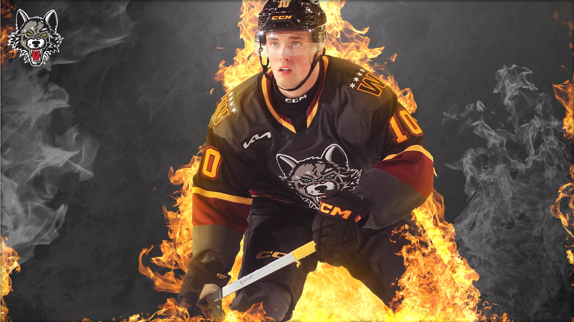A hockey player in a black uniform with a wolf logo and number 10 is surrounded by flames, with an intense expression and holding a hockey stick. The Chicago Wolves logo is in the top left corner.