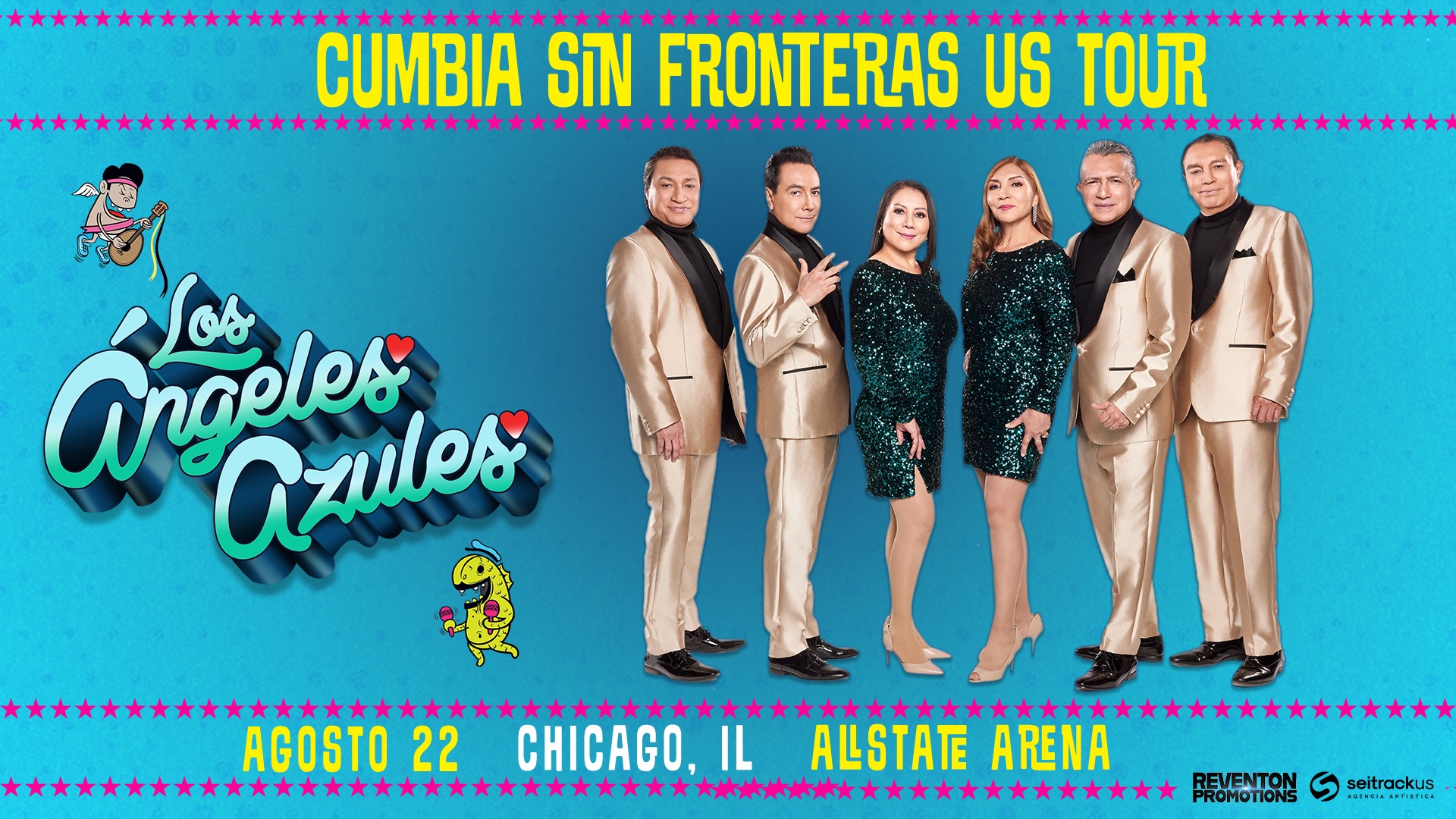 Promotional poster for Los Ángeles Azules Cumbia Sin Fronteras US Tour. The band members stand together in gold outfits. Event details: August 22, Chicago, IL, Allstate Arena. Cartoon figures decorate the border.