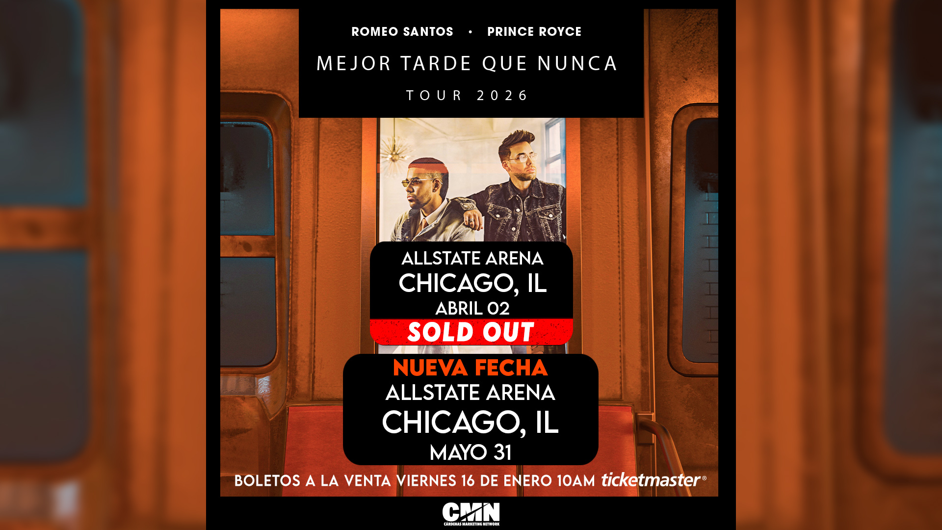 Concert poster for Romeo Santos and Prince Royce’s Mejor Tarde Que Nunca 2026 tour, showing two show dates at Chicago’s Allstate Arena. April 2 is sold out; new date added May 31. Tickets on sale January 16.