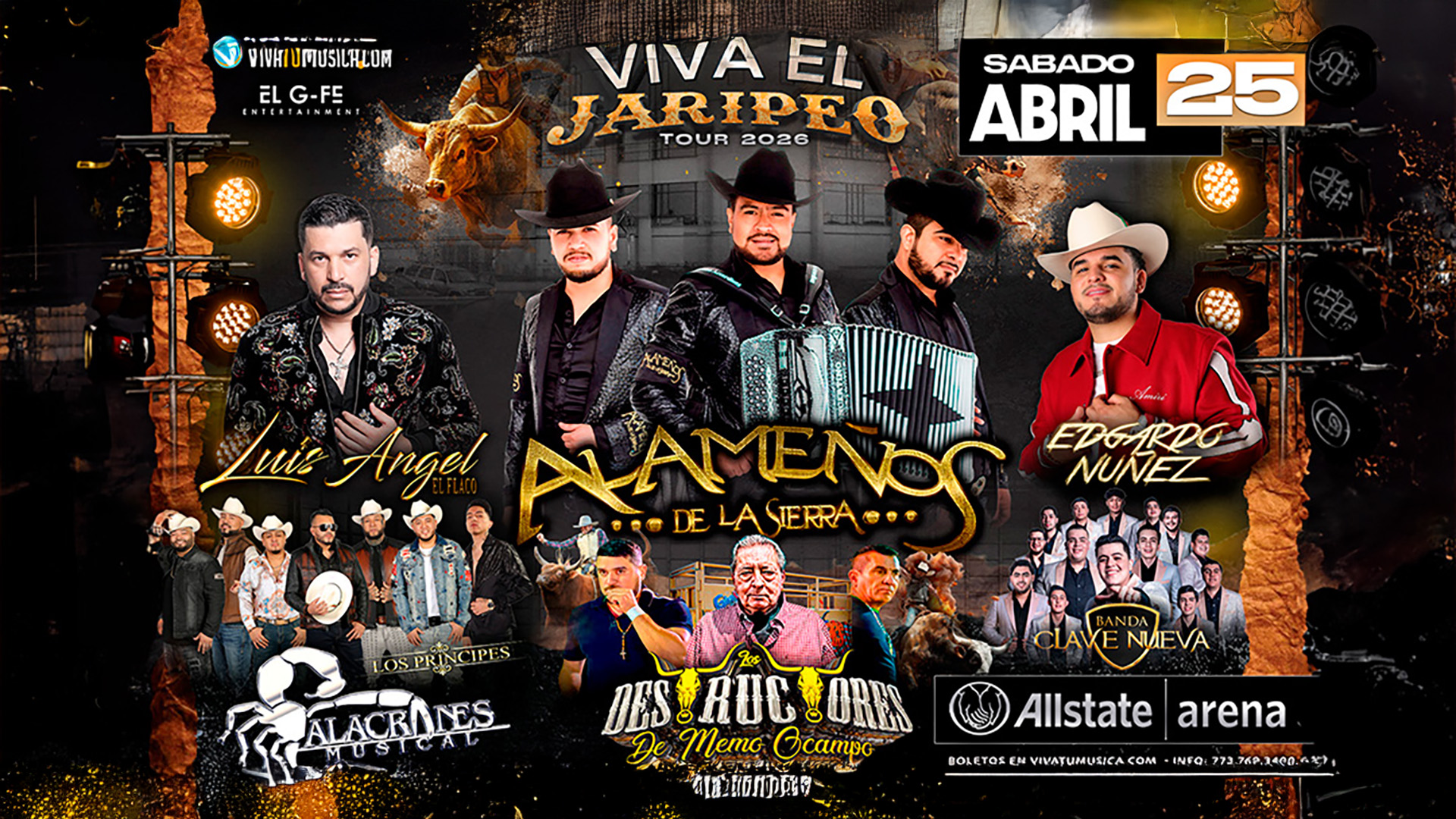 Concert poster for Viva el Jaripeo Tour 2024 featuring Alamenos de la Sierra, Luis Angel, Edgardo Núñez, Alacranes Musical, Des de Huic Och & Banda Clave Nueva on April 25 at Allstate Arena.