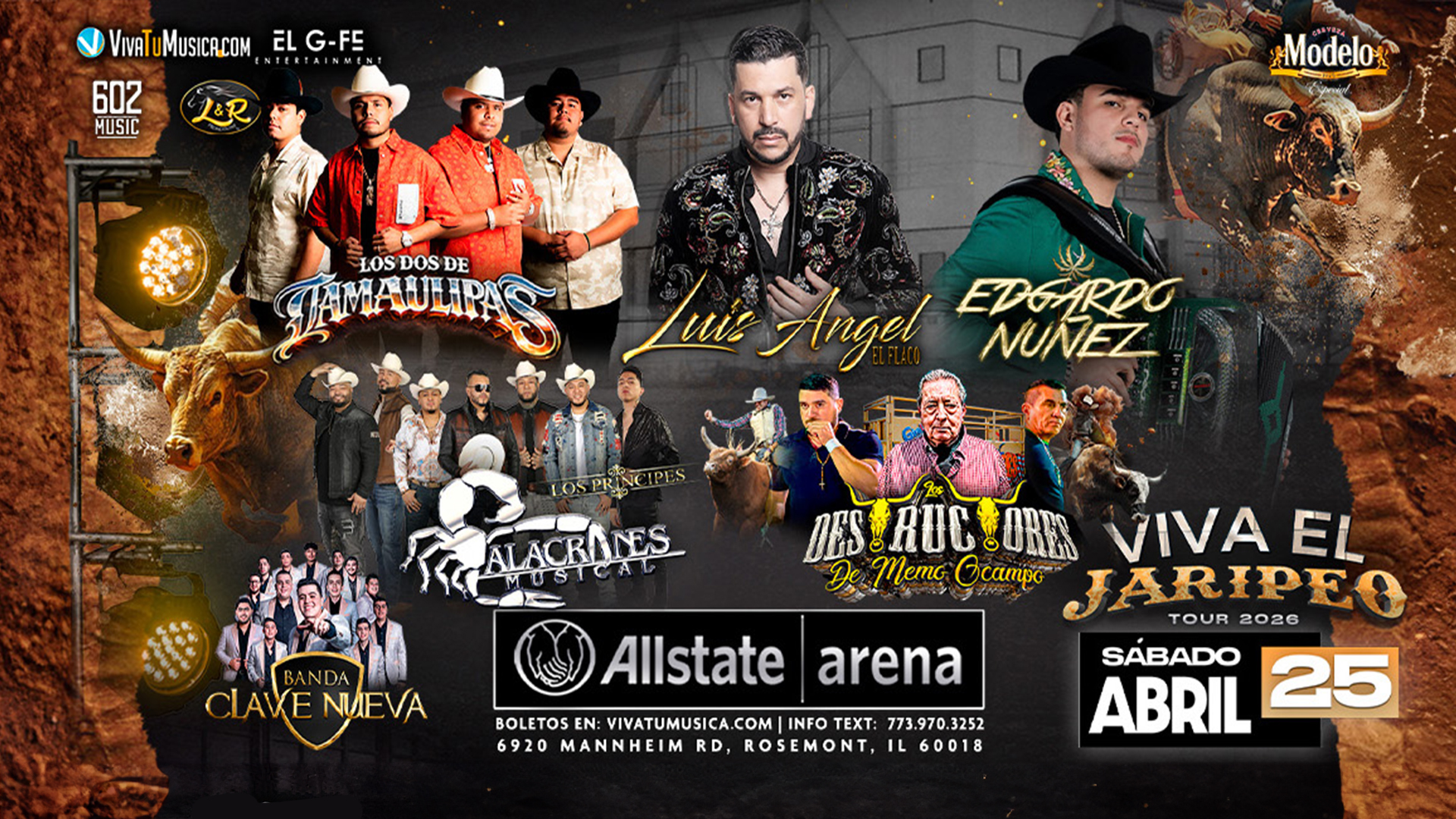 Promotional poster for Viva el Jaripeo Tour 2026 featuring photos of various musical artists, event details, and sponsor logos; scheduled for April 25 at Allstate Arena.