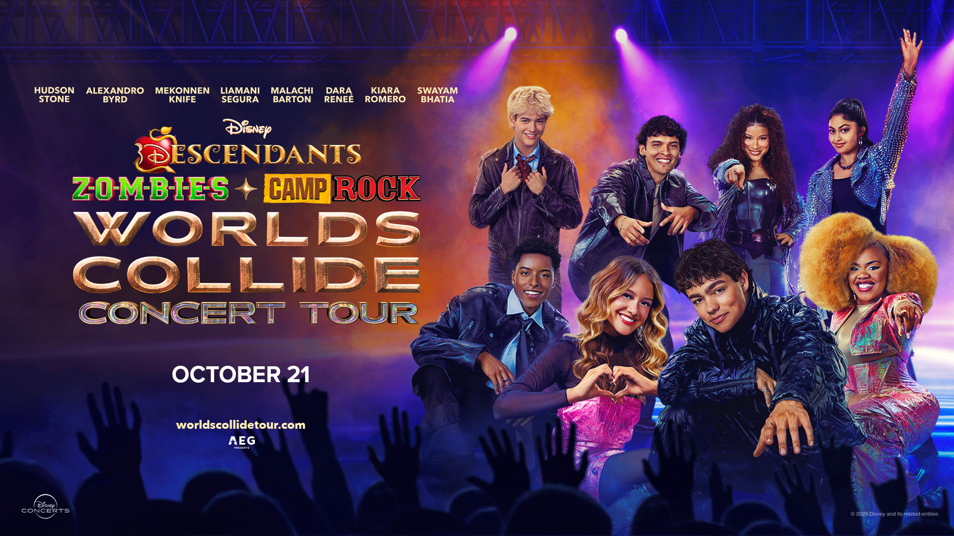Promotional poster for Disney’s Descendants, Zombies, and Camp Rock Worlds Collide Concert Tour, featuring cast members posing on stage with tour details and concert date, October 21.