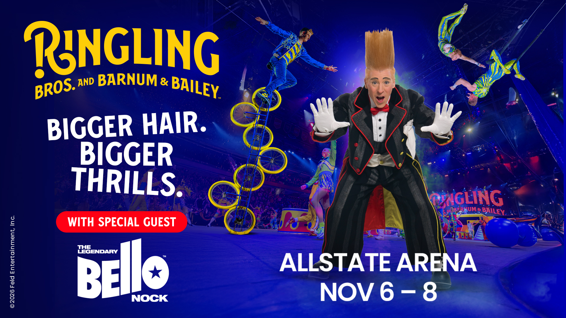 A circus performer with tall hair jumps over yellow hoops, while acrobats flip in the background. Text promotes Ringling Bros. at Allstate Arena, Nov 6–8, featuring special guest Bello Nock.