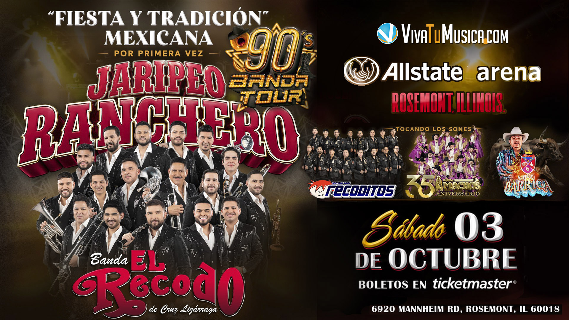 Promotional poster for Jaripeo Ranchero 90s Banda Tour at Allstate Arena, Rosemont, IL, on October 3, featuring Banda El Recodo and other artists. Ticket info and sponsors included.