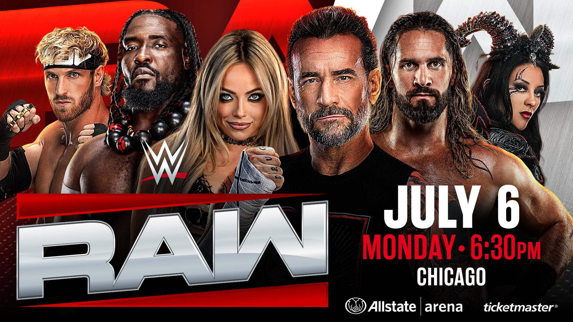 A promotional image featuring six professional wrestlers posing in front of a red and white background.