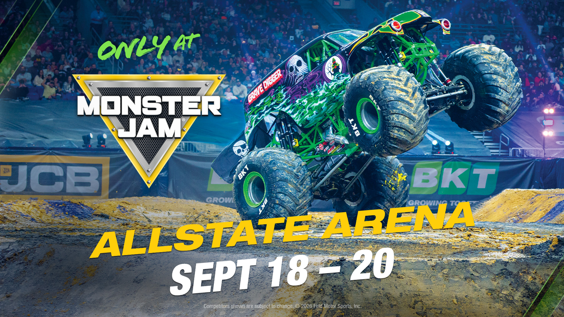 A monster truck jumps over a dirt mound at Monster Jam in Allstate Arena, with event dates September 18–20 displayed in large text.