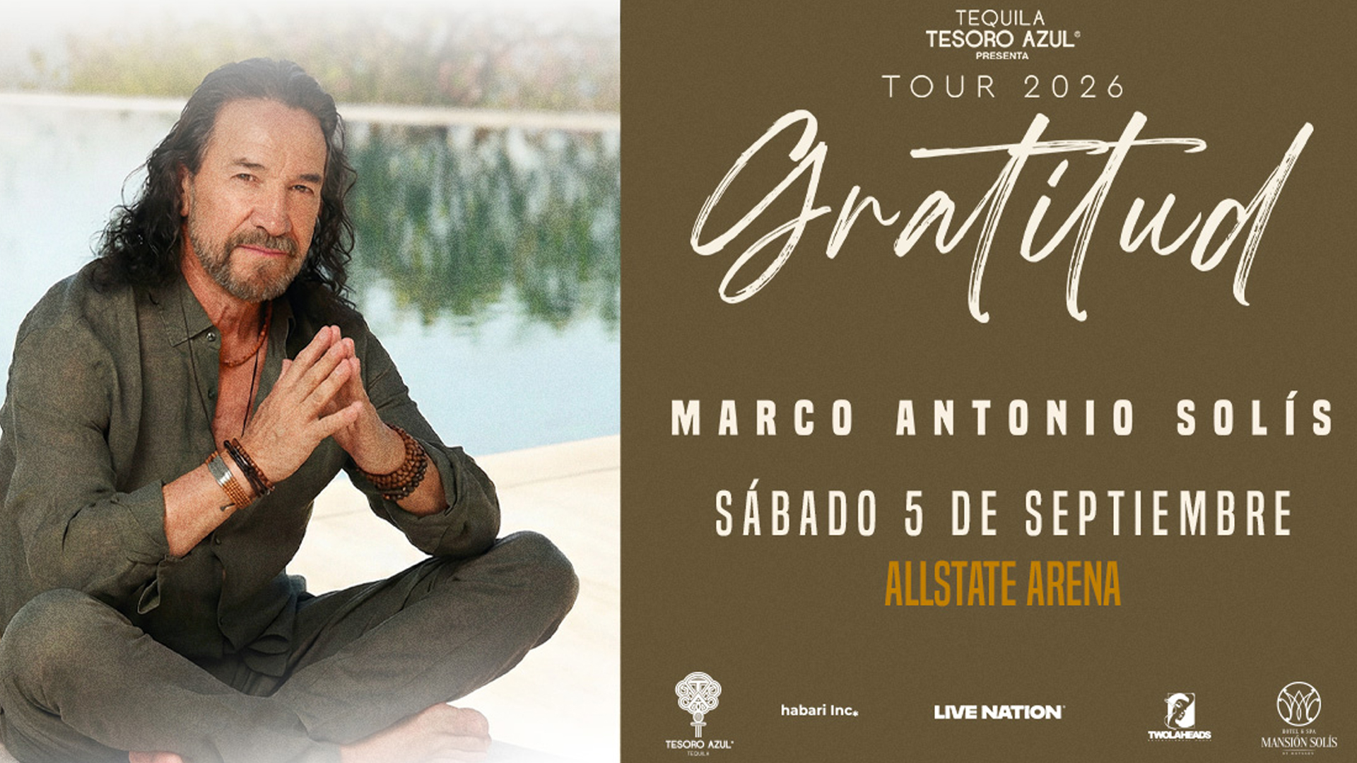 Marco Antonio Solís sits cross-legged by a pool, promoting his Gratitud tour concert on September 5, 2026, at Allstate Arena.