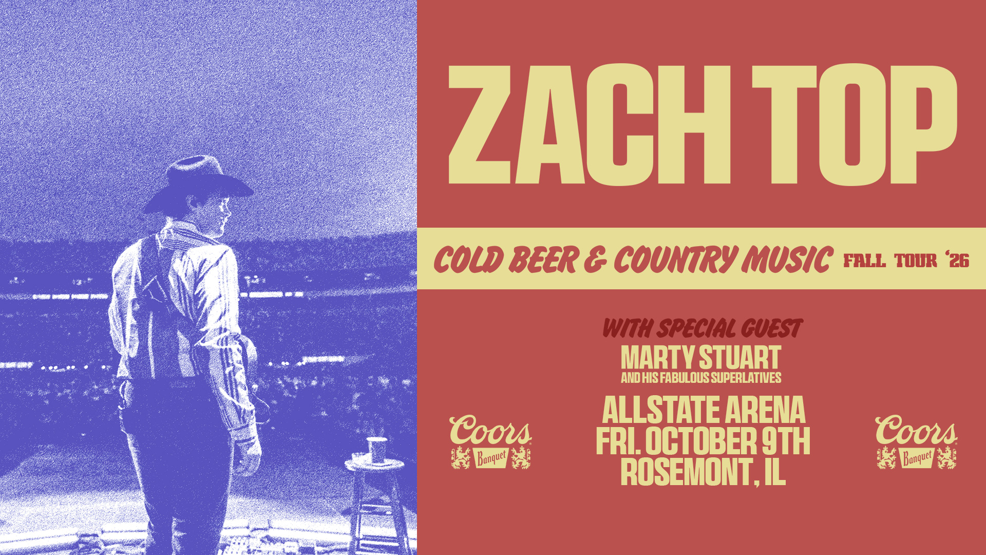 Poster for Zach Tops Cold Beer & Country Music Fall Tour 2025, with special guest Marty Stuart; show at Allstate Arena, Rosemont, IL, on Friday, October 9th.