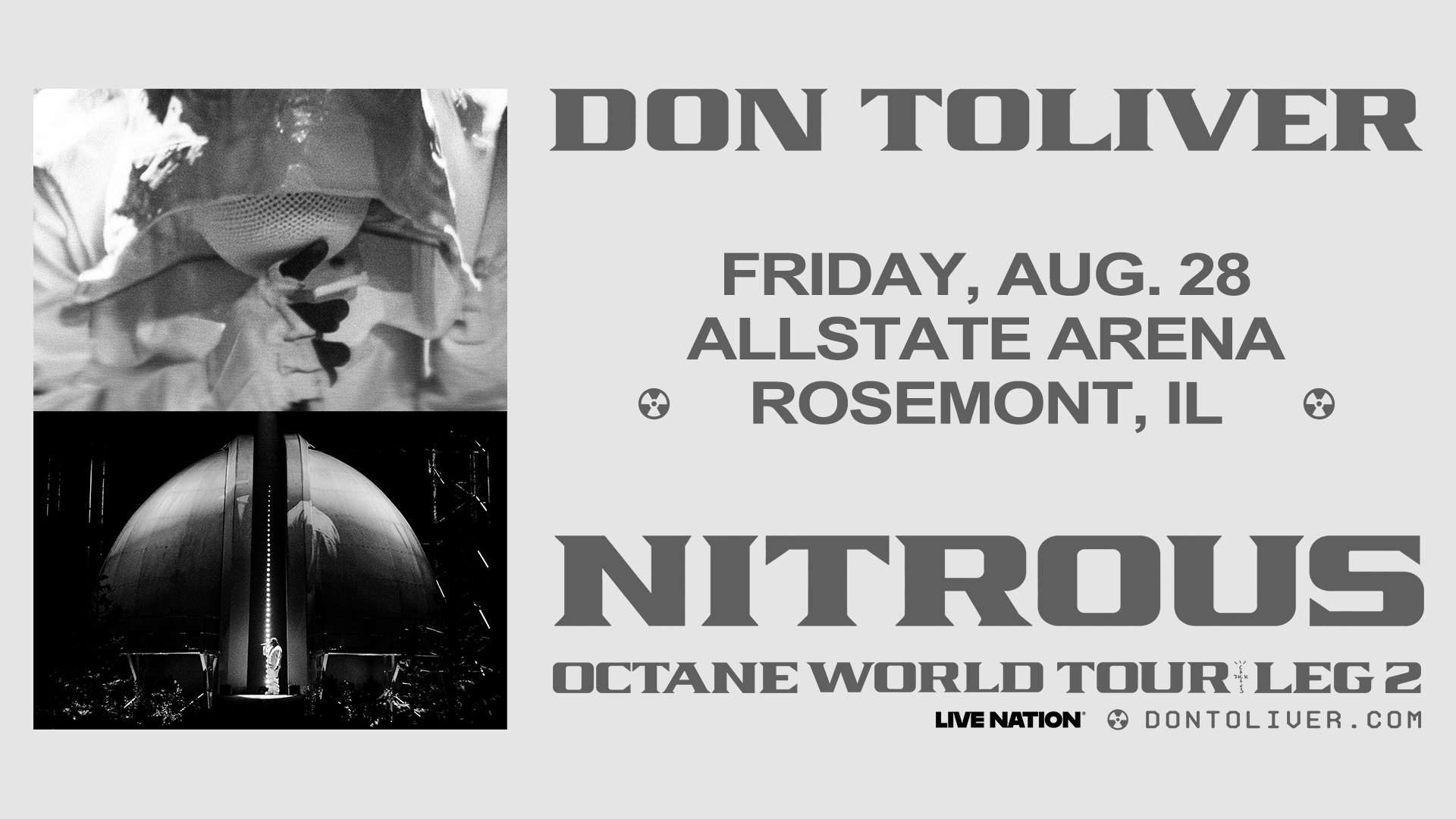 Concert poster for Don Tolivers Nitrous Octane World Tour Leg 2 at Allstate Arena in Rosemont, IL on Friday, August 28, with black and white images and event details.
