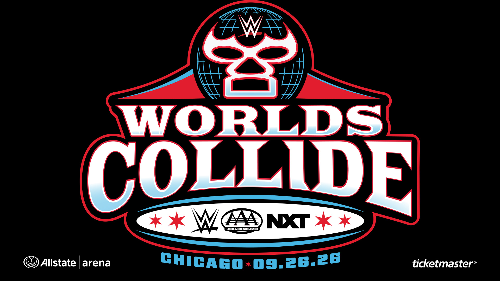 Logo for WWE Worlds Collide event in Chicago on September 26, 2026, at Allstate Arena, featuring WWE, AAA, and NXT logos; ticketmaster is listed.