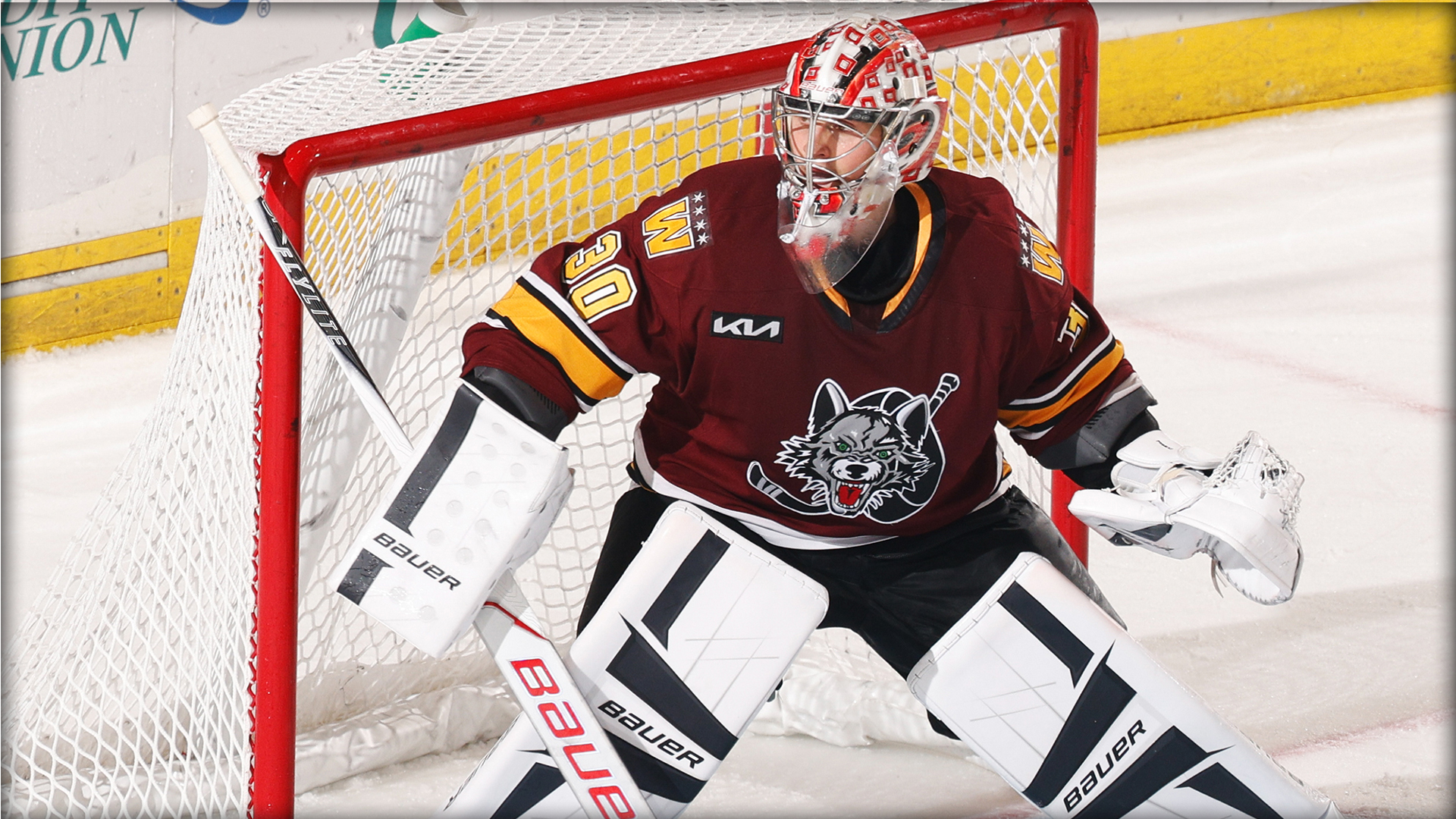 Ice hockey goalie in maroon jersey with a wolf logo stands alert in front of the net, wearing full protective gear and holding a stick, during a game.