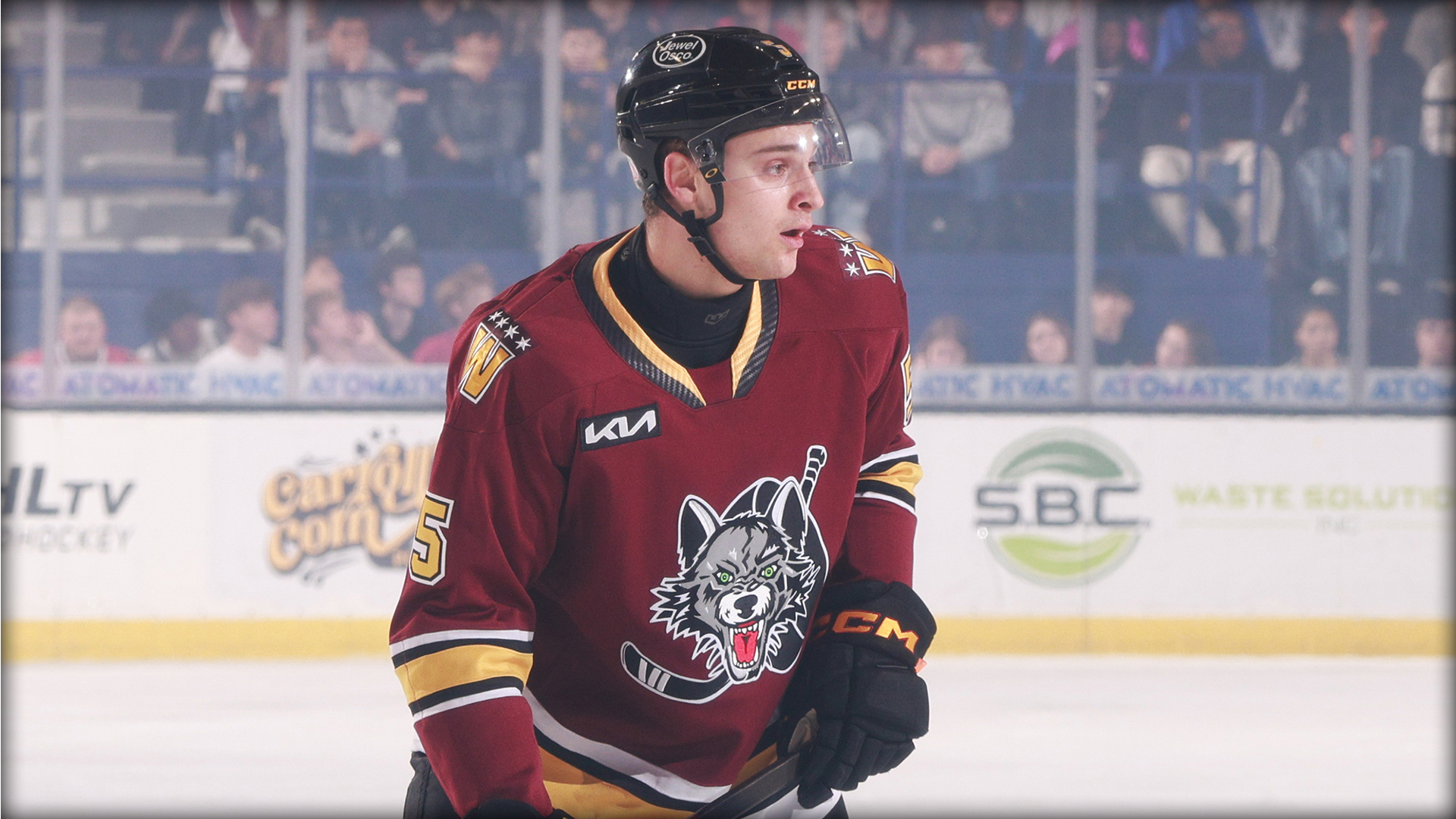 A hockey player in a maroon jersey and helmet stands on the ice during a game, with spectators visible in the background.