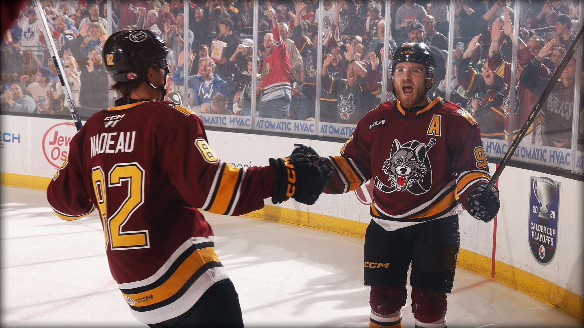 Two ice hockey players in maroon uniforms celebrate on the rink, holding hands, with cheering fans and glass boards in the background.
