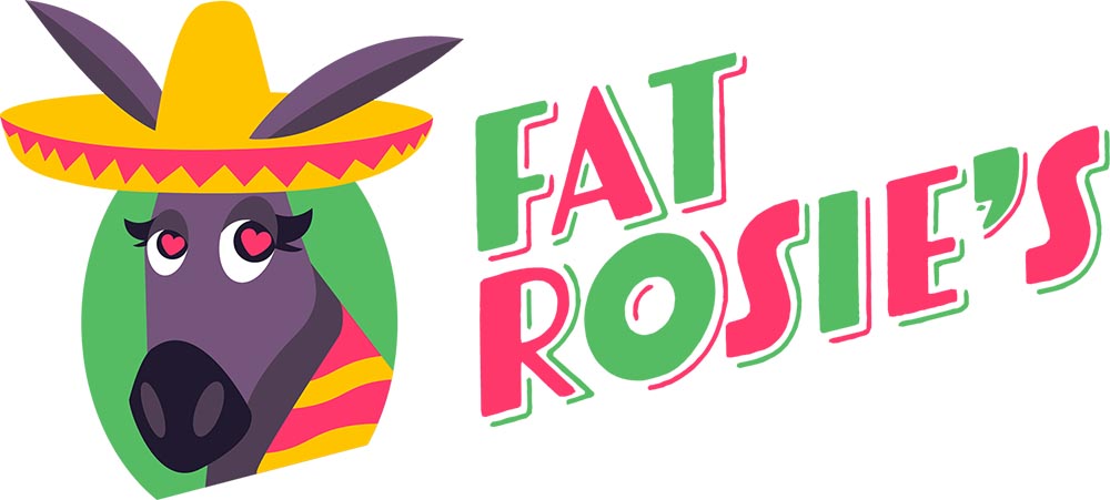 Cartoon donkey wearing a yellow sombrero and colorful scarf, with heart-shaped eyes, next to stylized text reading Fat Rosies in pink and green letters.