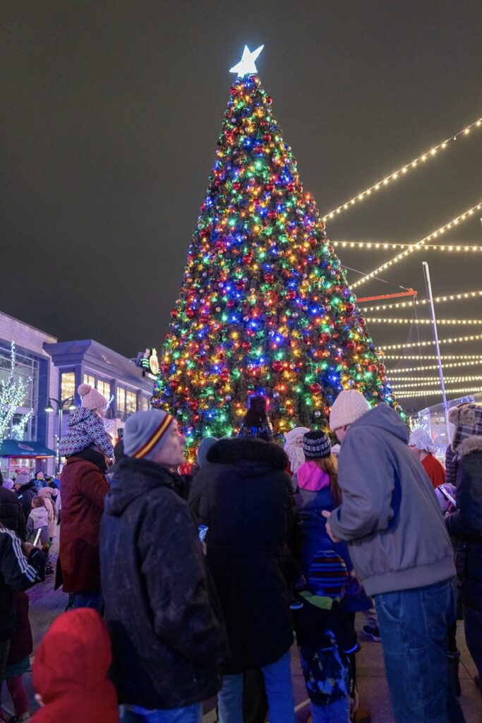 A large, brightly lit Christmas tree decorated with colorful lights stands in a town square at night as people in winter clothing gather around, with festive string lights overhead.